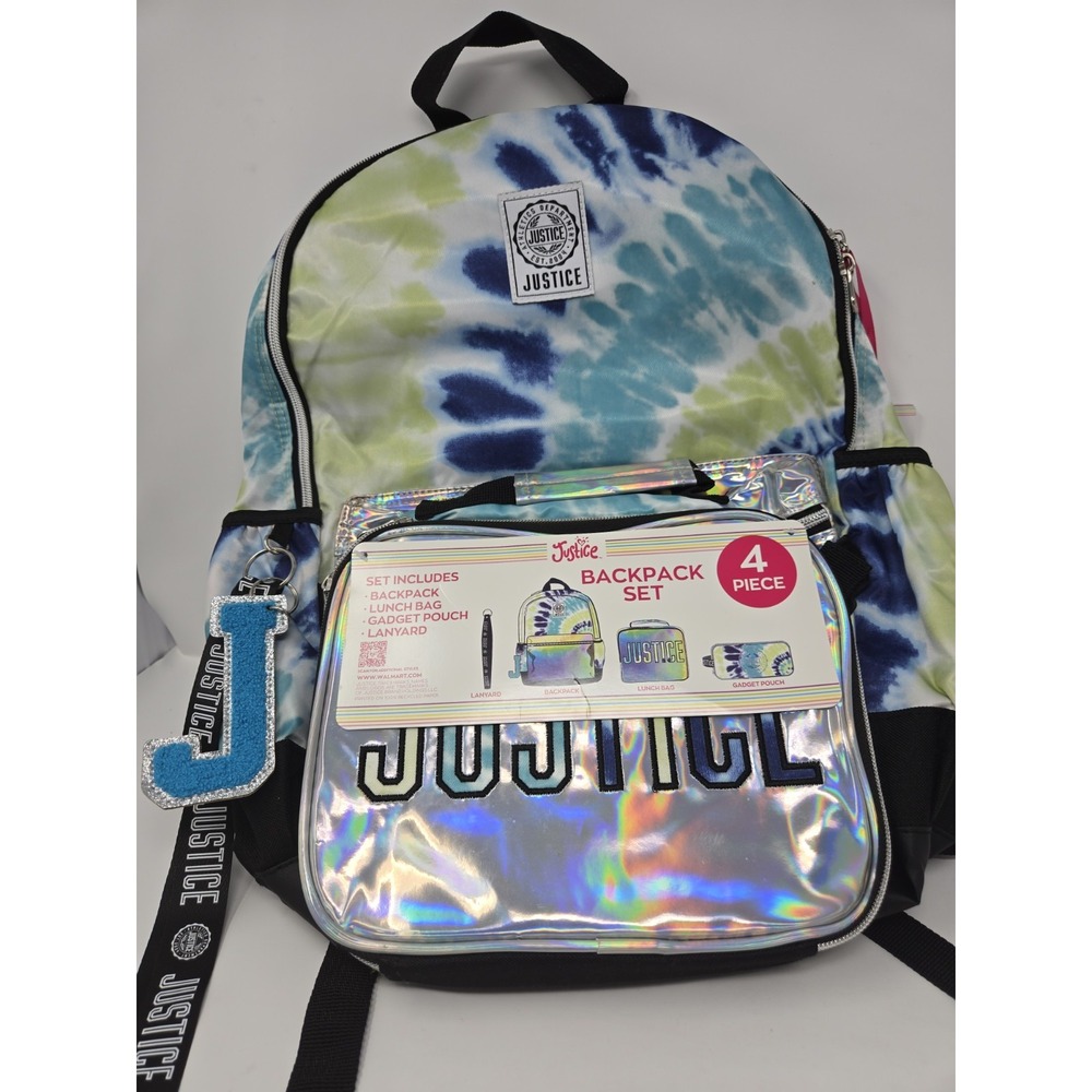 Justice 3 Pc Backpack/Lanyard-Lunch&Gadget Bags/Tie dye-Bluegreens/Shinning Trim
